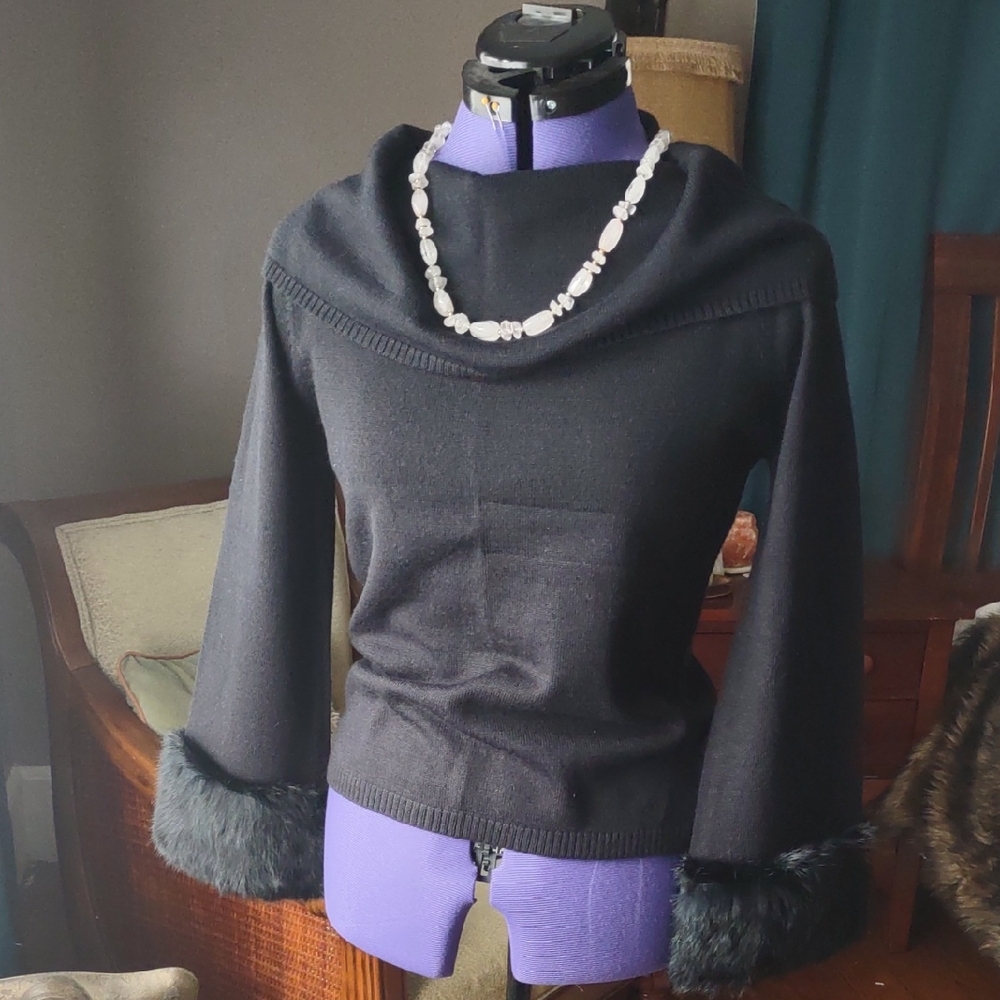 Elegant Black Sweater with Faux Fur Cuffs